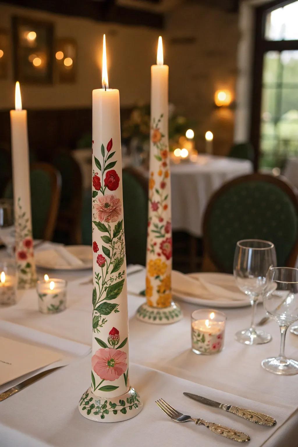 Hand-painted candles add a personal touch to gatherings.