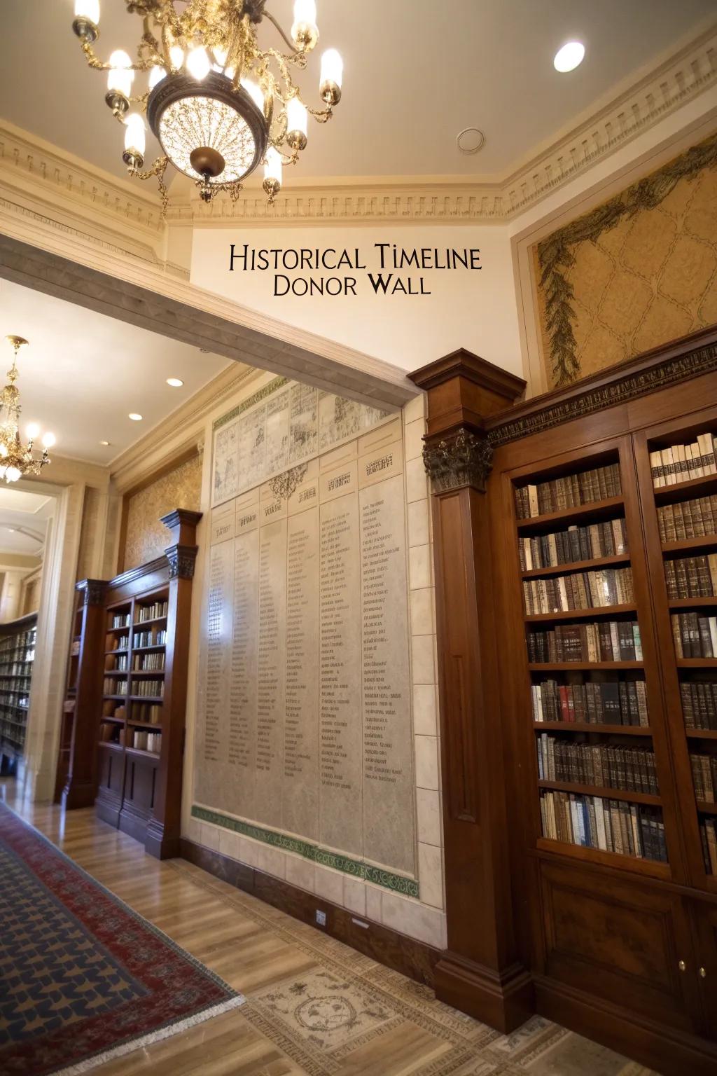 A historical timeline display on a donor wall.