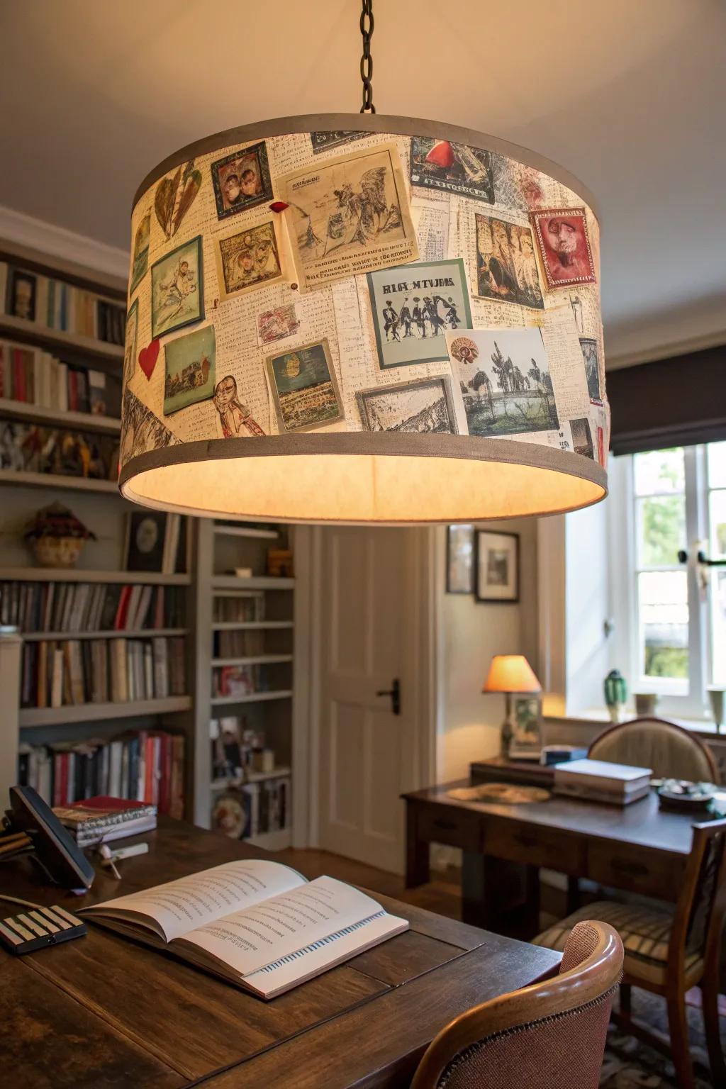 A study lamp shade adorned with decoupaged vintage postcards.