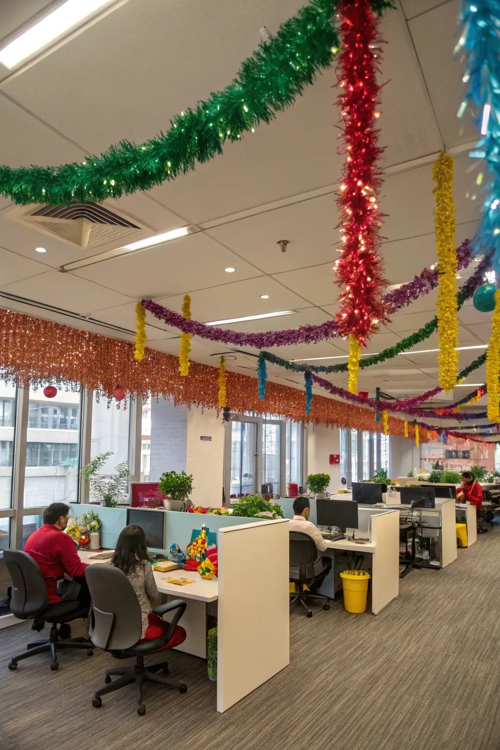 Tinsel decorations add sparkle and festive flair to the office environment.