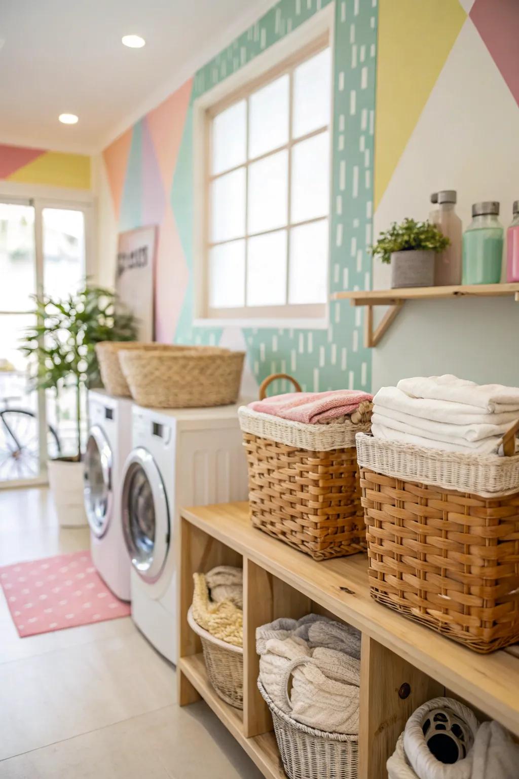 Decorative baskets bring both style and function to laundry areas.