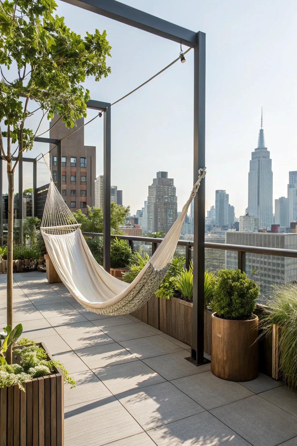 A rooftop hammock setup that turns an urban space into a luxurious retreat.