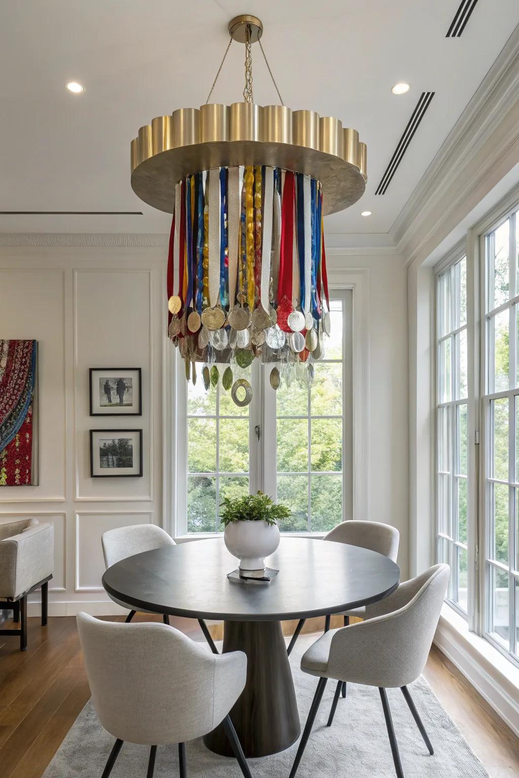 A medal chandelier makes a bold and colorful statement.