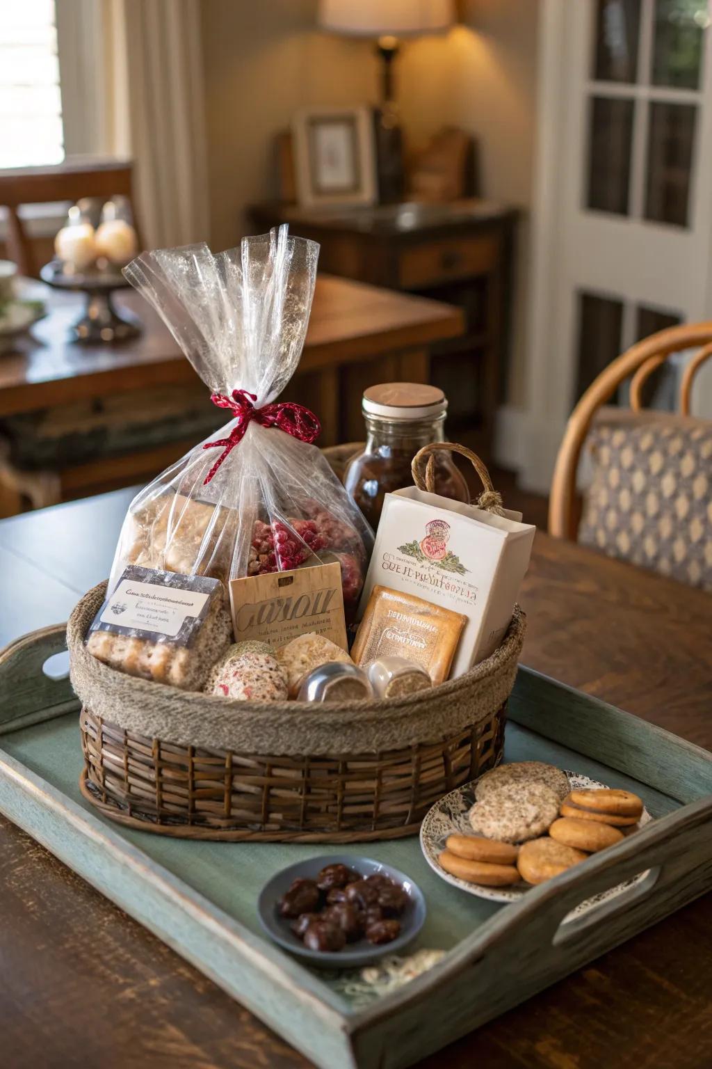 A charming vintage tray gift basket.