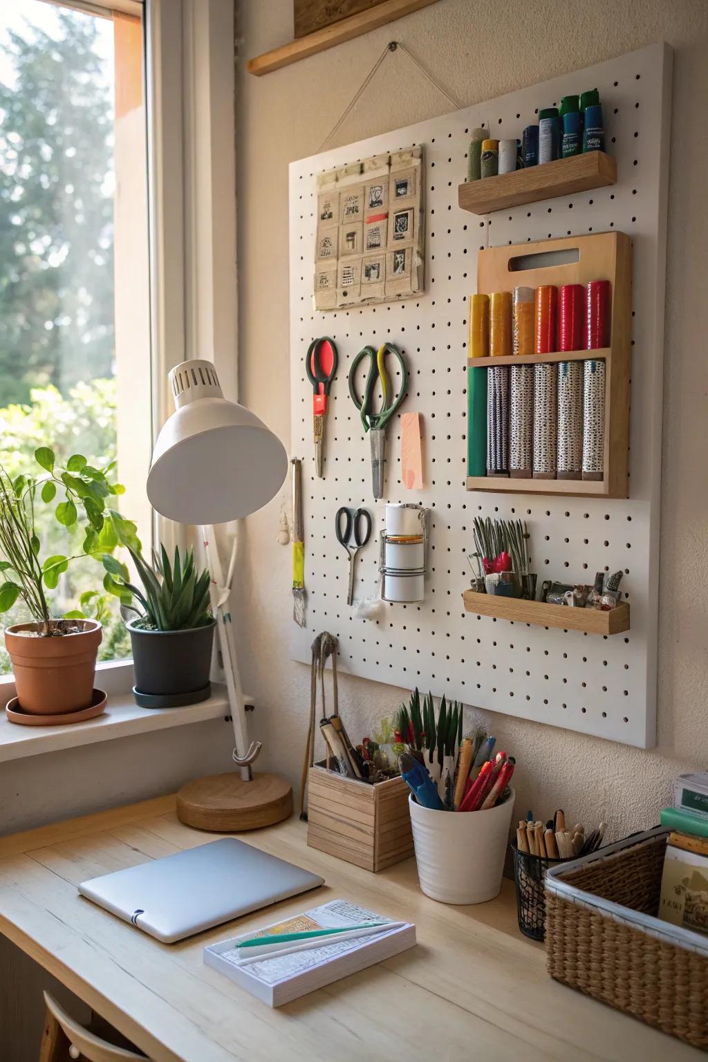 A pegboard display keeps tools handy and adds a stylish touch.