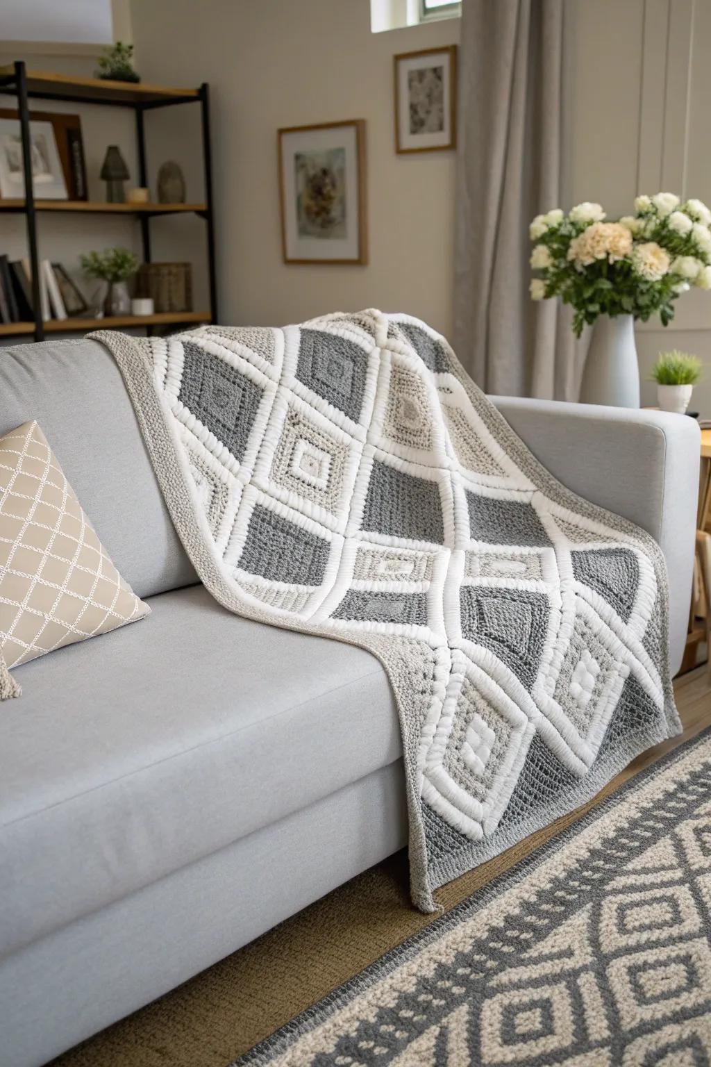 Add artistic flair to your decor with a geometric diamond crochet blanket.