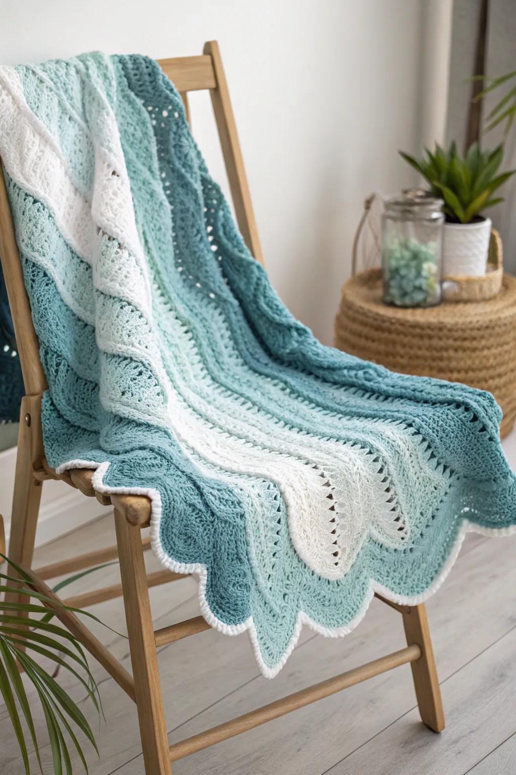 Dive into the gentle waves of creativity with this whimsical crochet border, perfect for adding a touch of ocean-inspired elegance to your space.