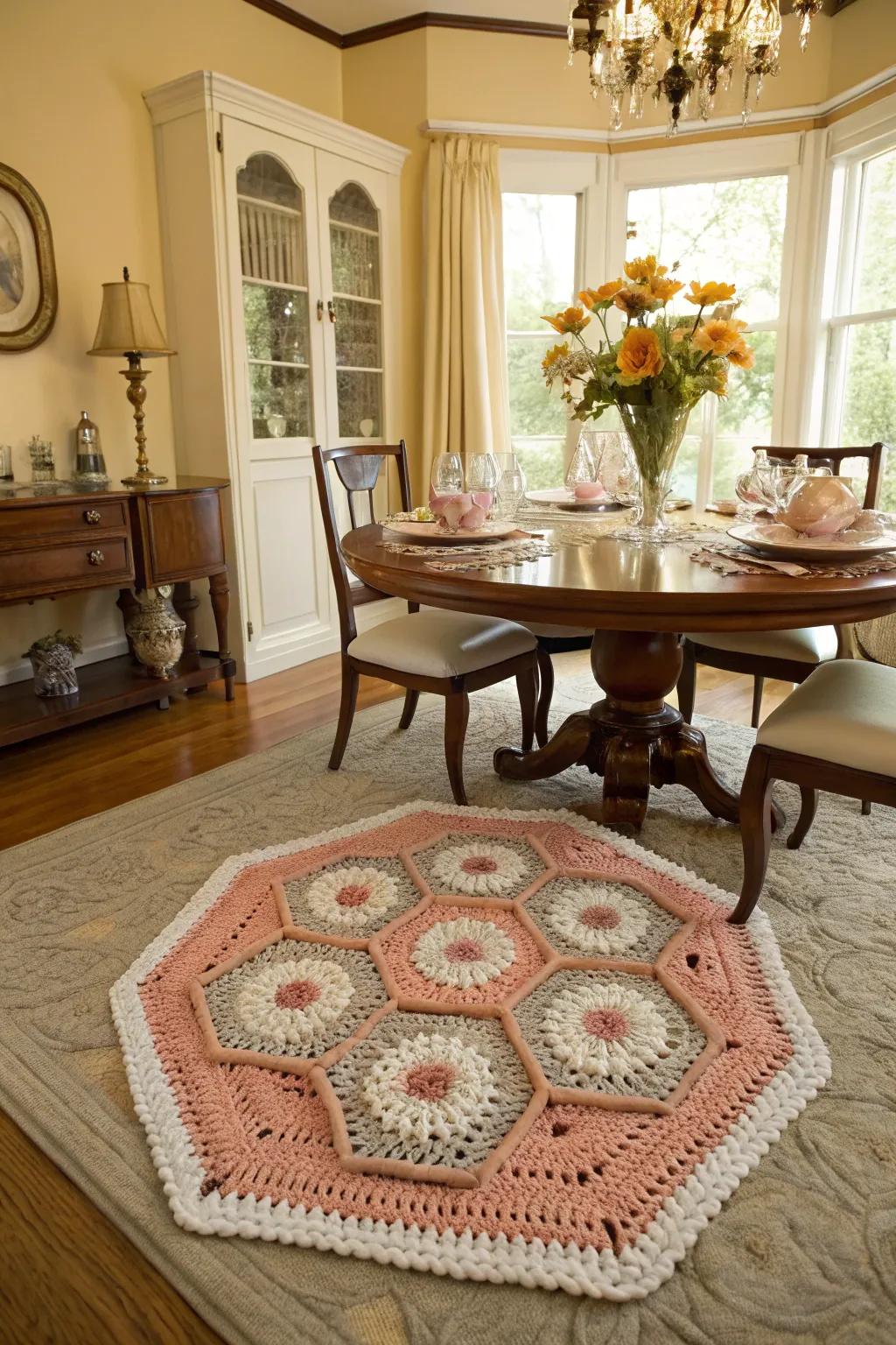 An elegant hexagon crochet rug in a dining room.