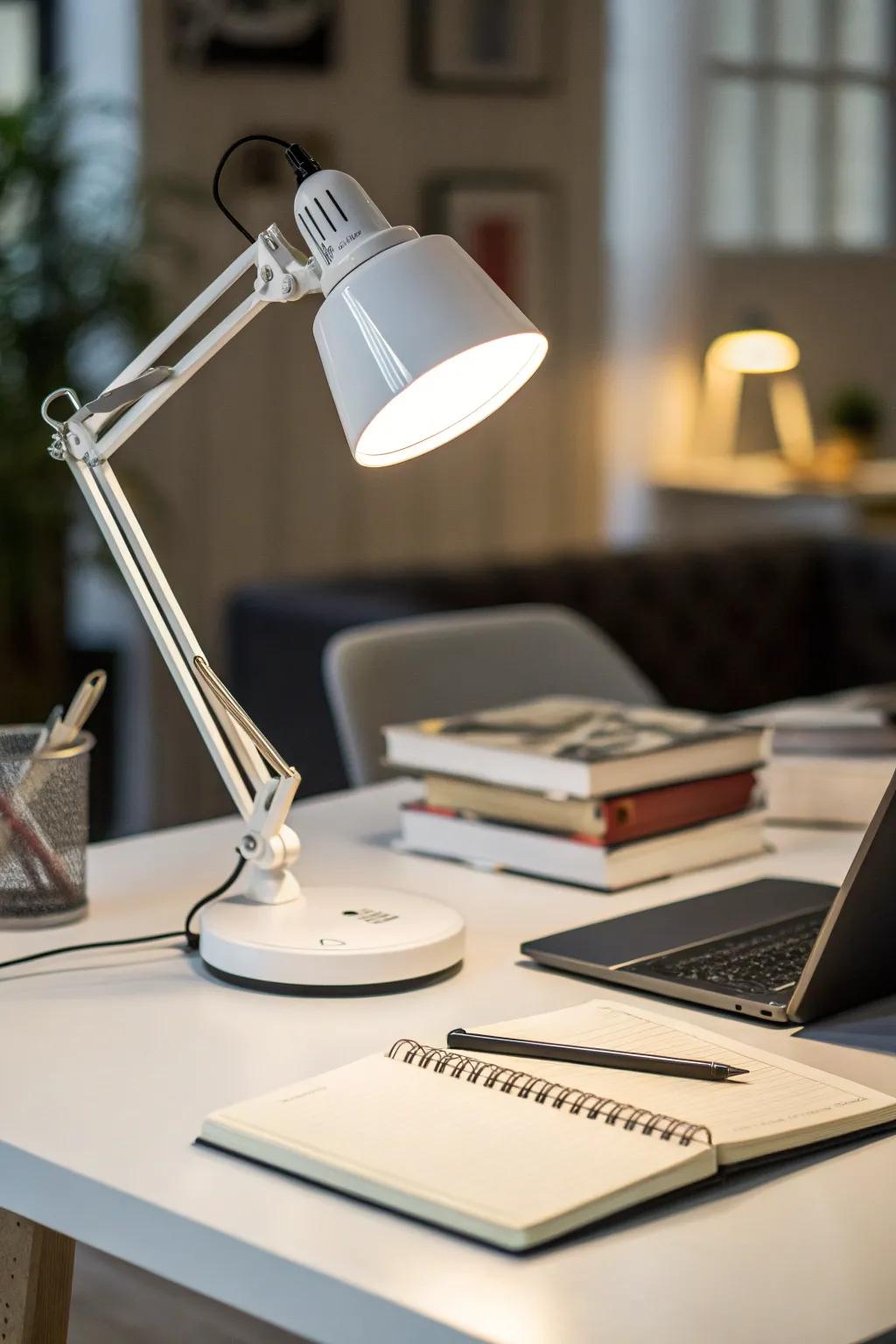 A desk lamp adds both functionality and style to your workspace.