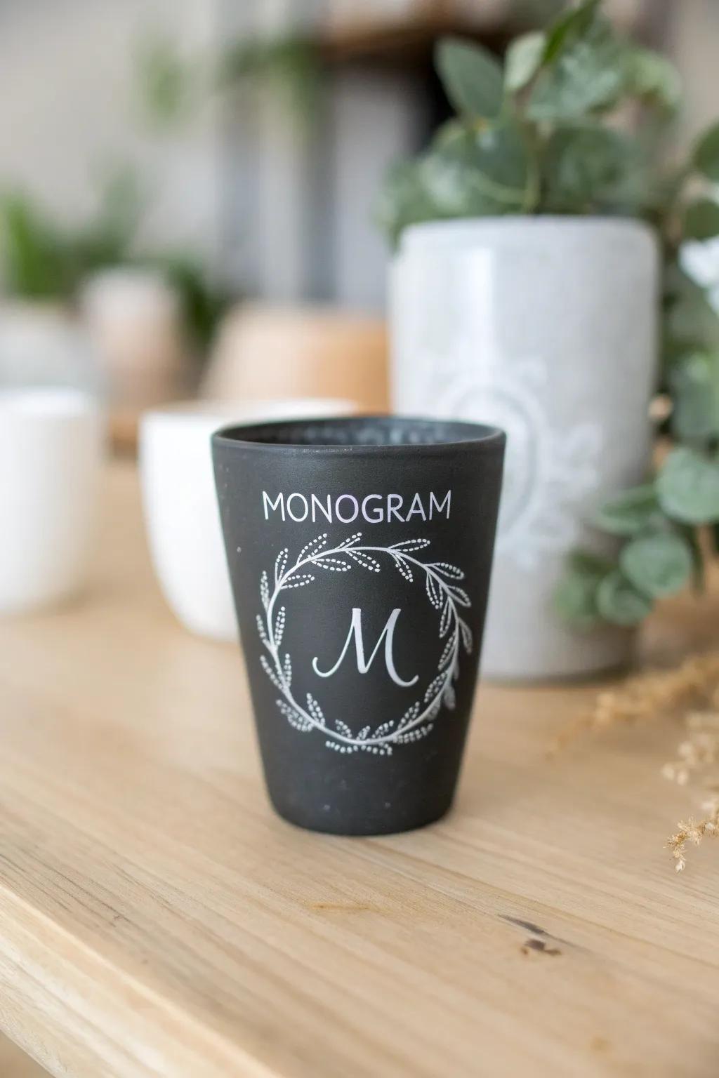 Embrace the charm of changeable monograms with a chic chalkboard cup design.