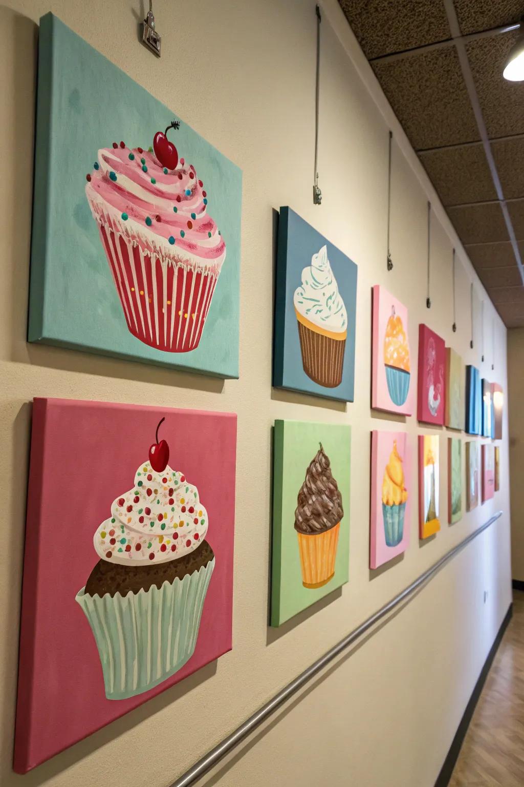 A series of cupcake paintings can transform a wall into a delightful gallery.