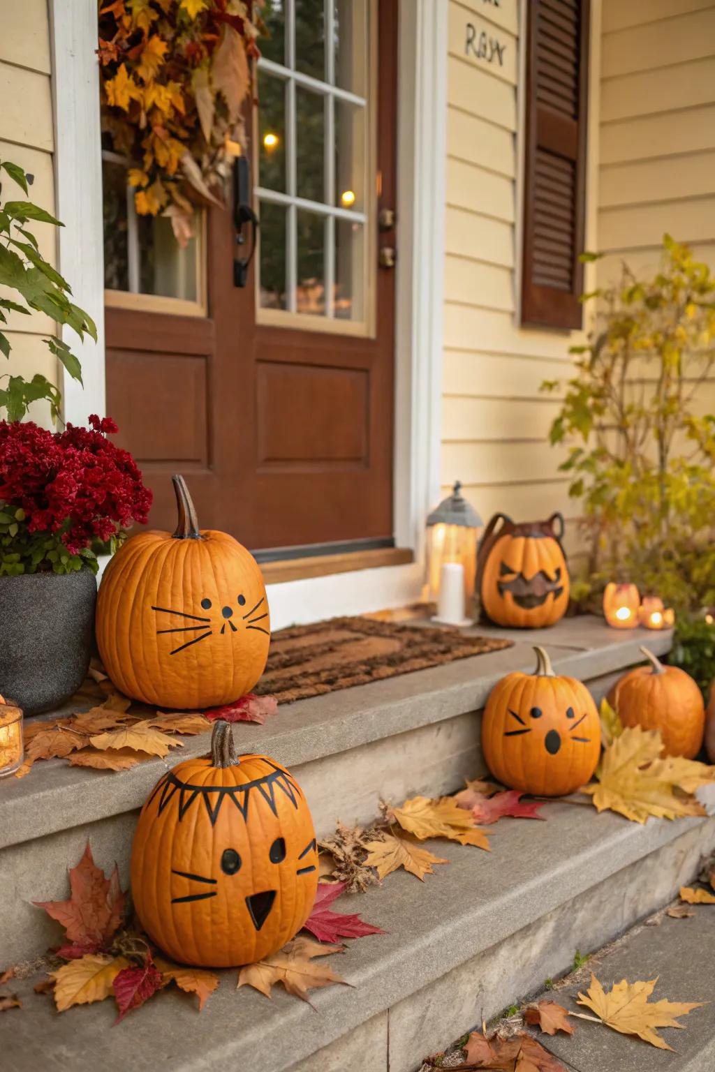 Adorable animal face pumpkins for a charming display.