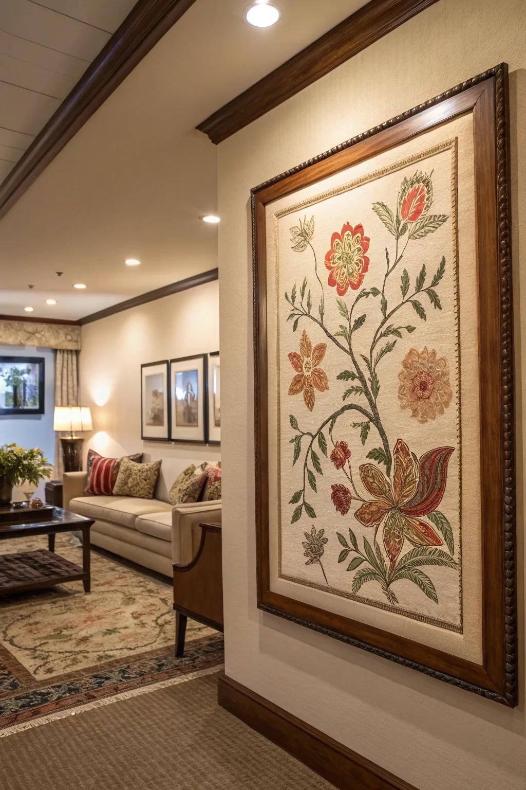 Framed fabric art introduces color and texture to this inviting living space.