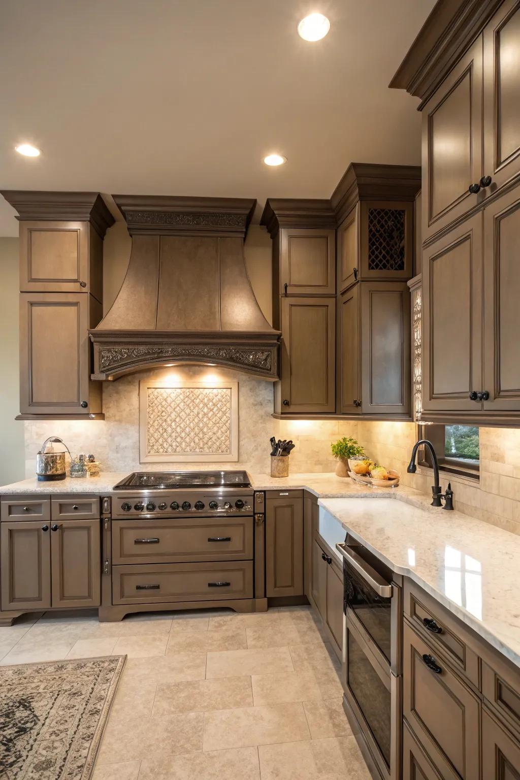 A matching range hood creates a seamless kitchen design.