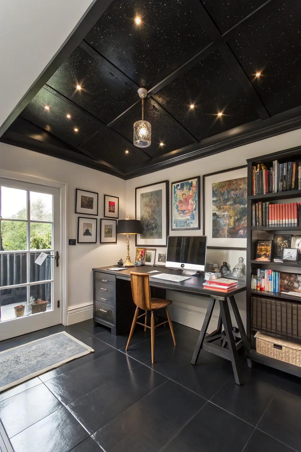 A home office with a mirrored black ceiling that reflects the dark floor for added depth.