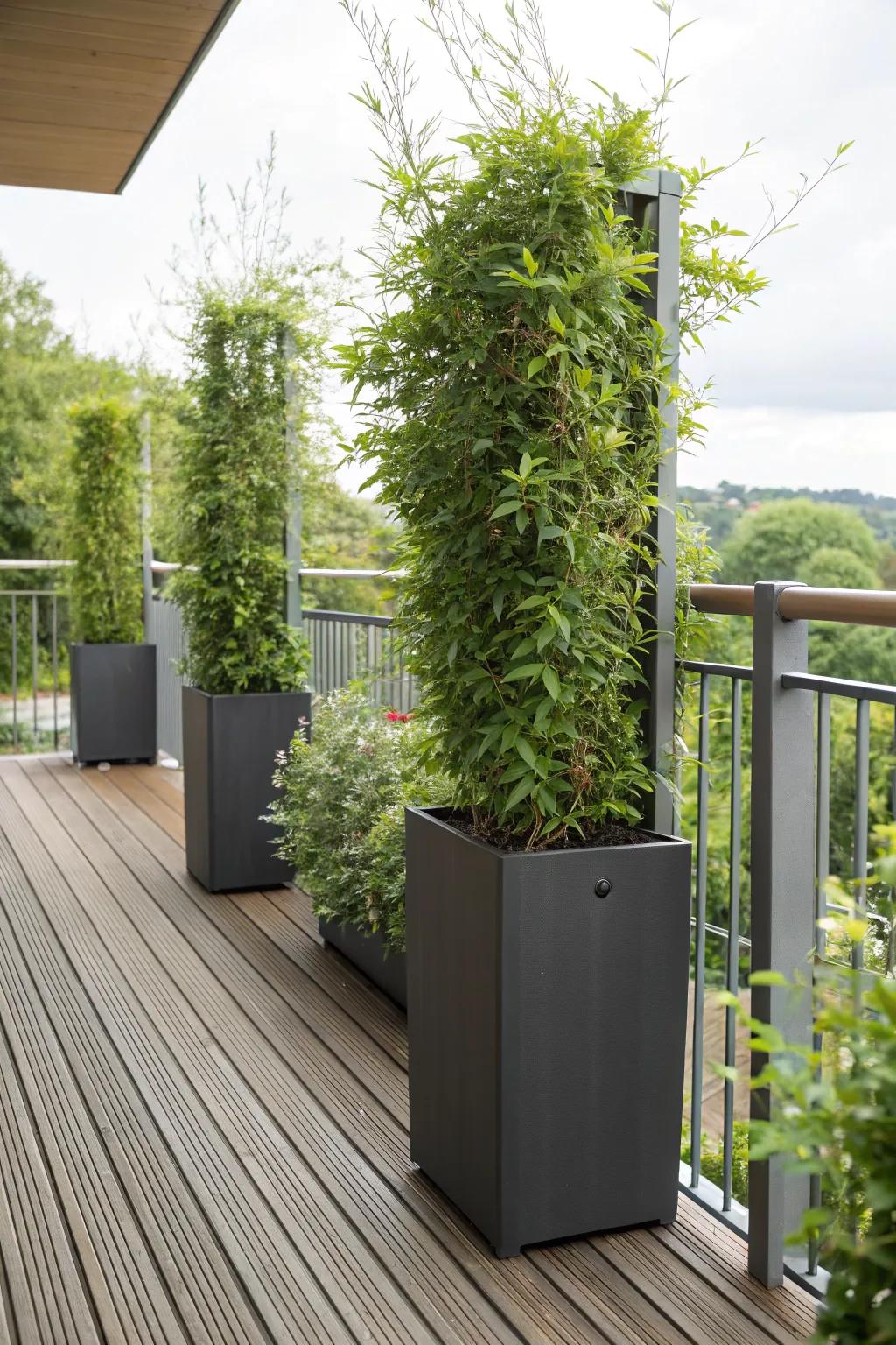 Tall planters filled with lush plants offer a flexible privacy solution on this deck.