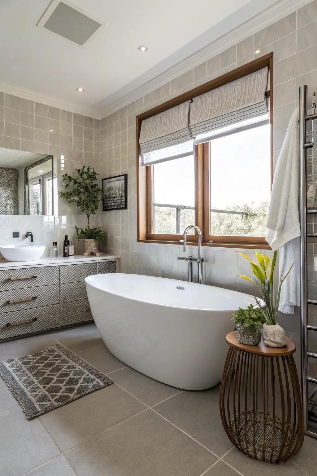 A freestanding tub adds elegance and luxury to this bathroom.