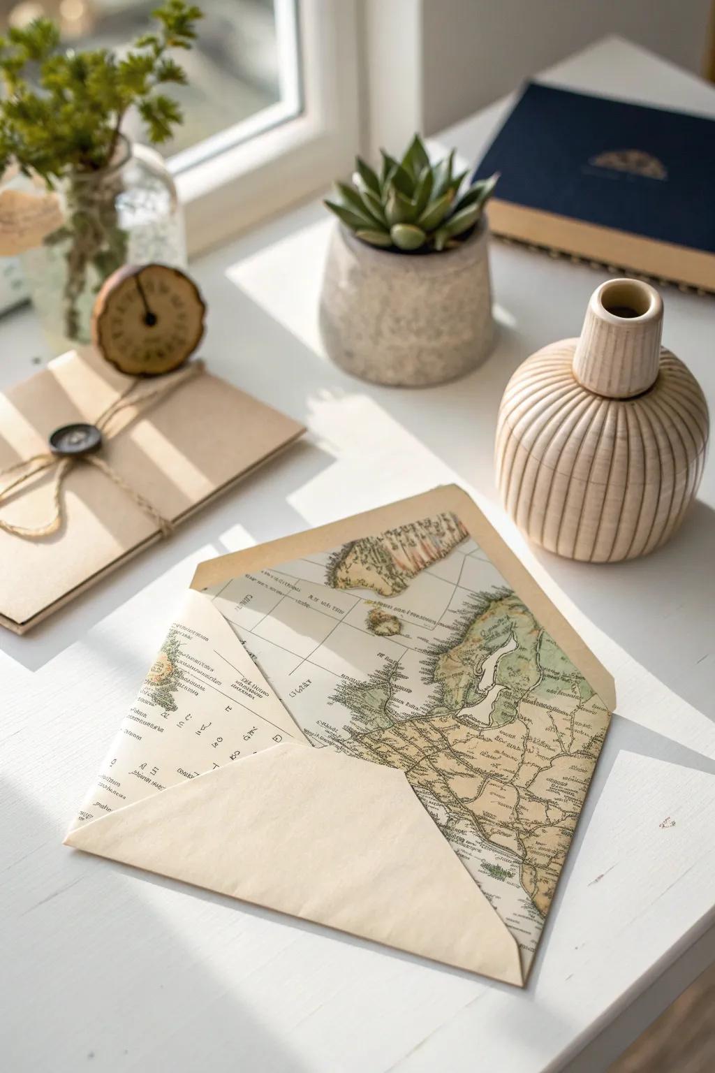 Add a touch of wanderlust to your letters with elegant map paper liners.