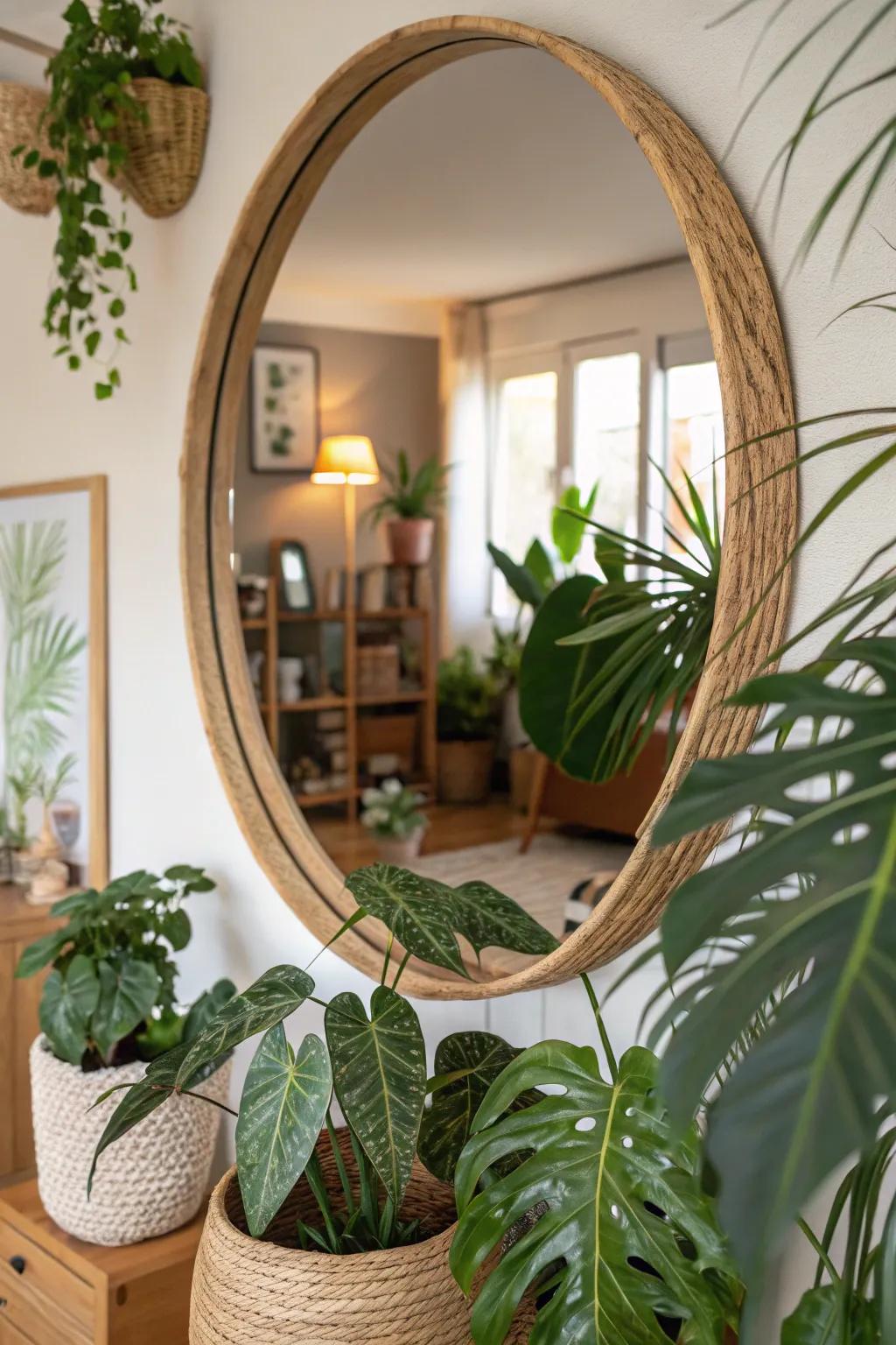 An organic round mirror adds tranquility and depth.