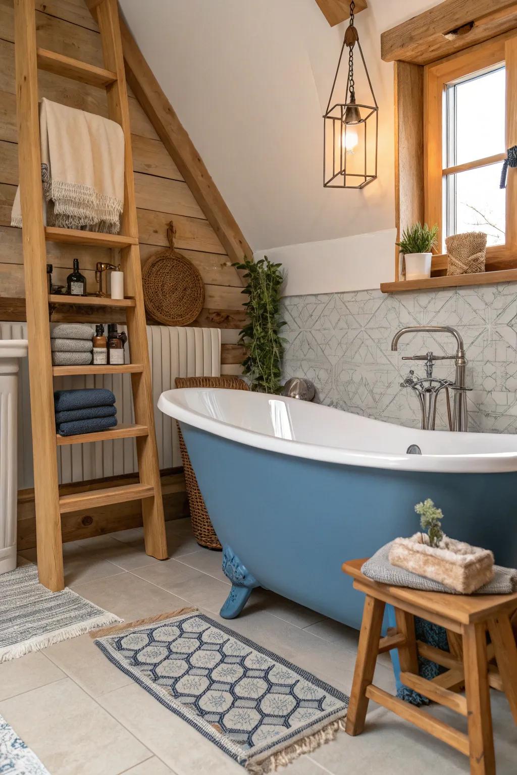 Natural wood elements add warmth and texture to a bathroom with a blue bathtub.