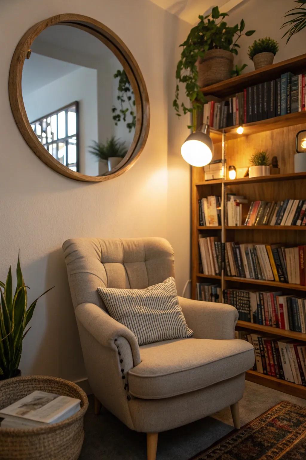 A reading nook enhanced by the gentle reflection of a round mirror.