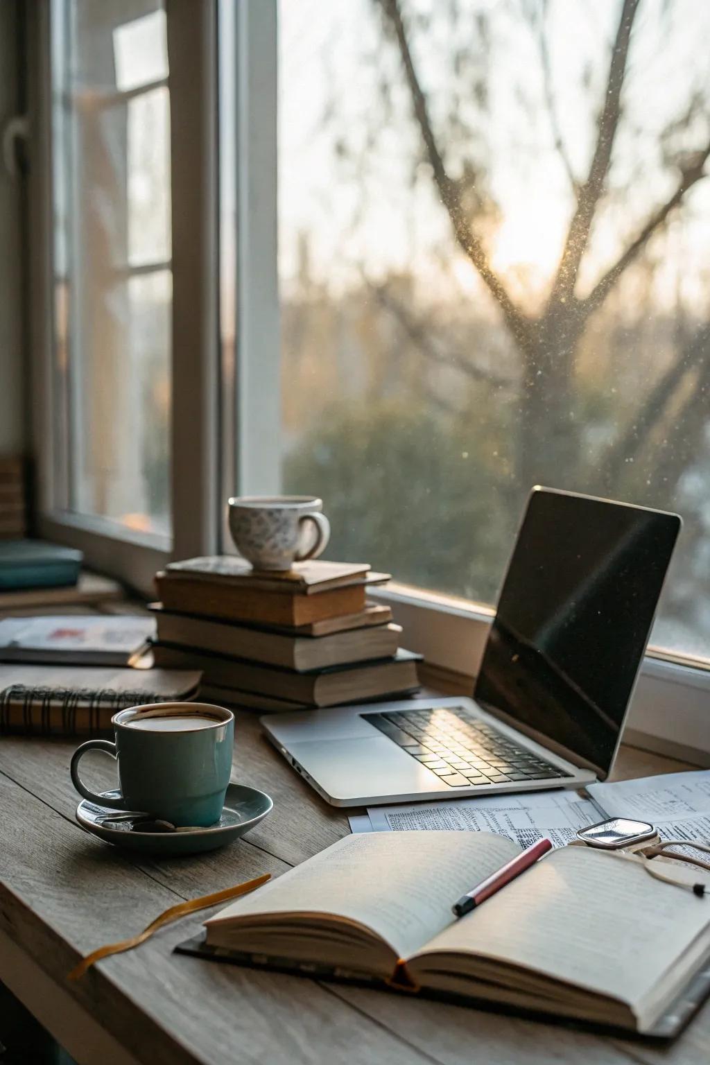 A desk positioned to take advantage of natural light.