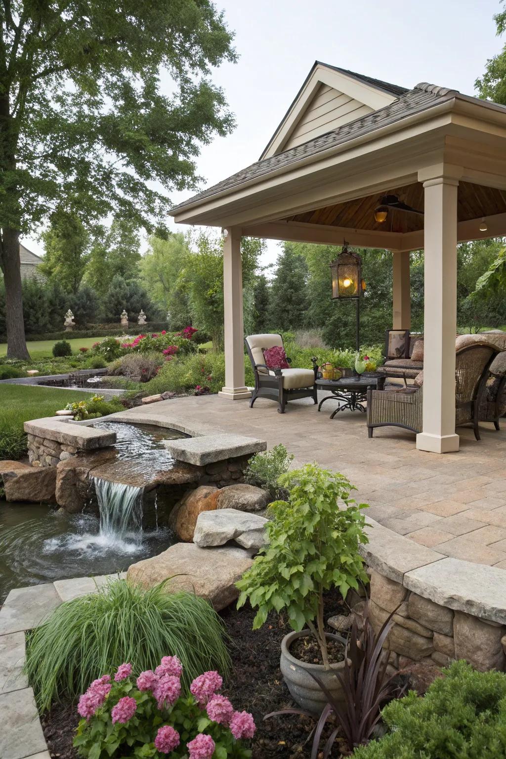 A water feature adds tranquility to this patio setting.