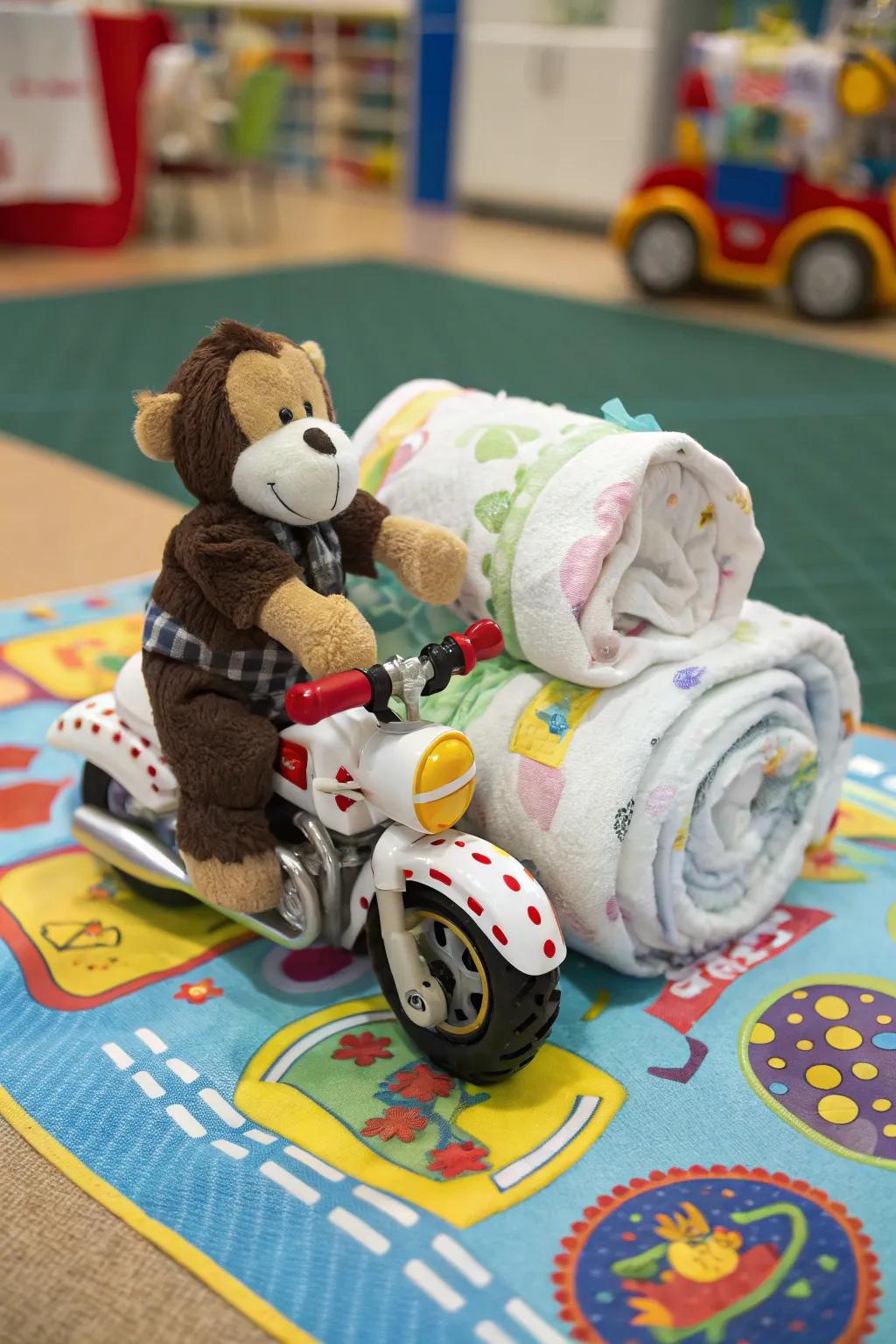 A diaper motorcycle that's ready to roll.