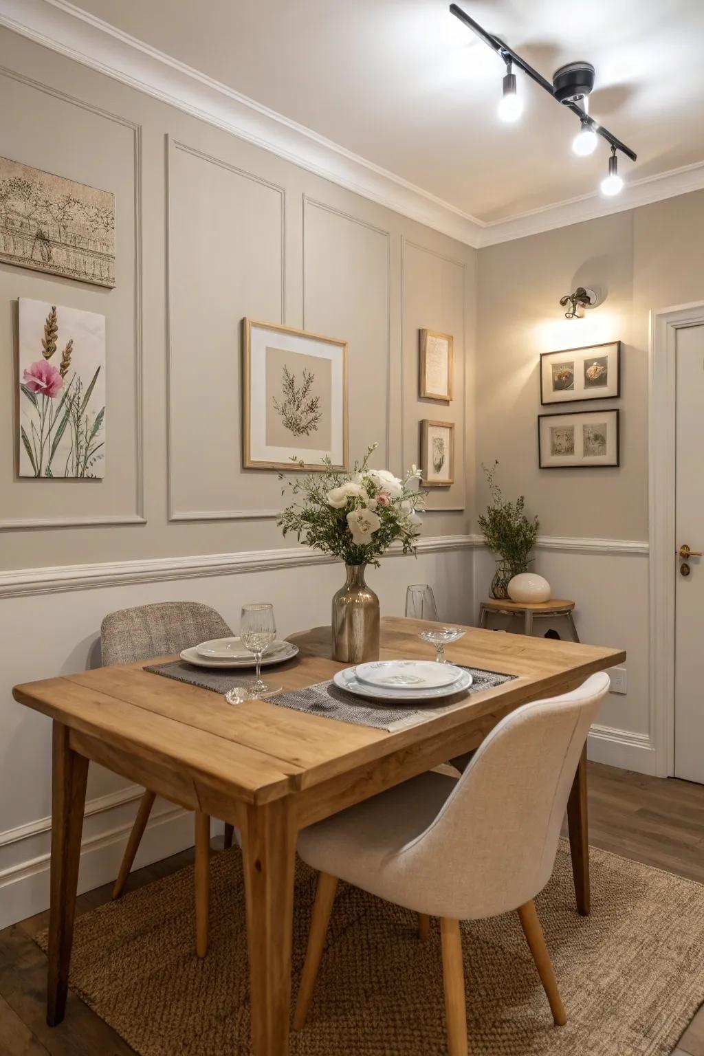 A neutral palette brings calm sophistication to the dining area.