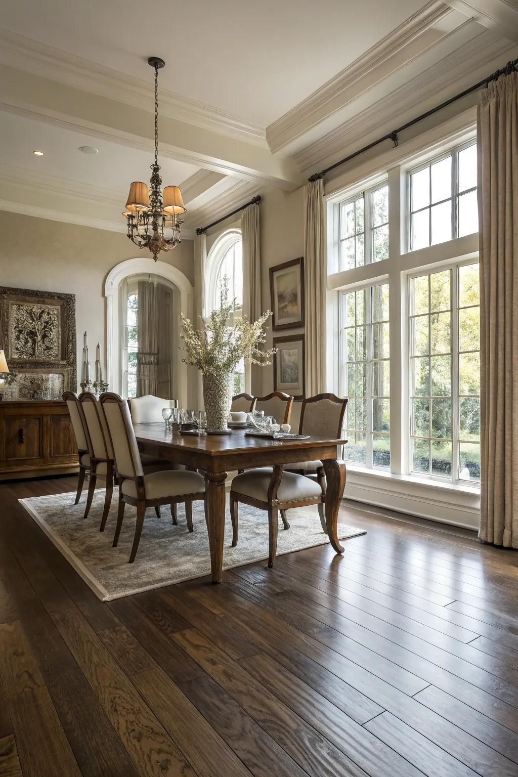 Engineered wood flooring combines beauty with practicality in dining rooms.