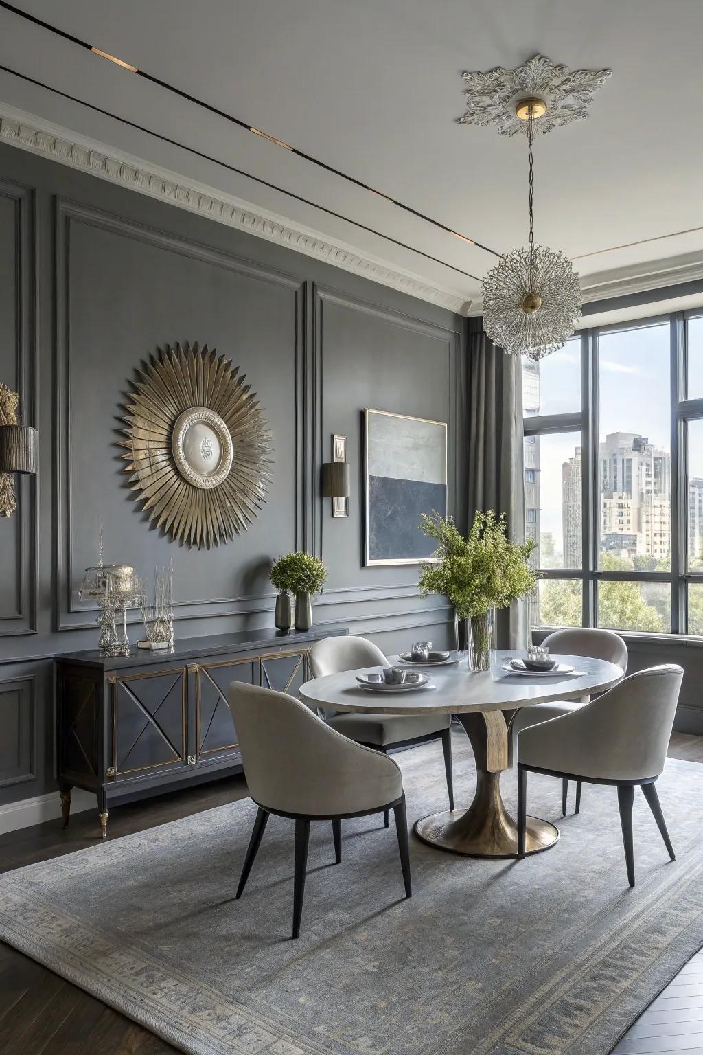 A stylish dining room with modern gray and metallic accents.