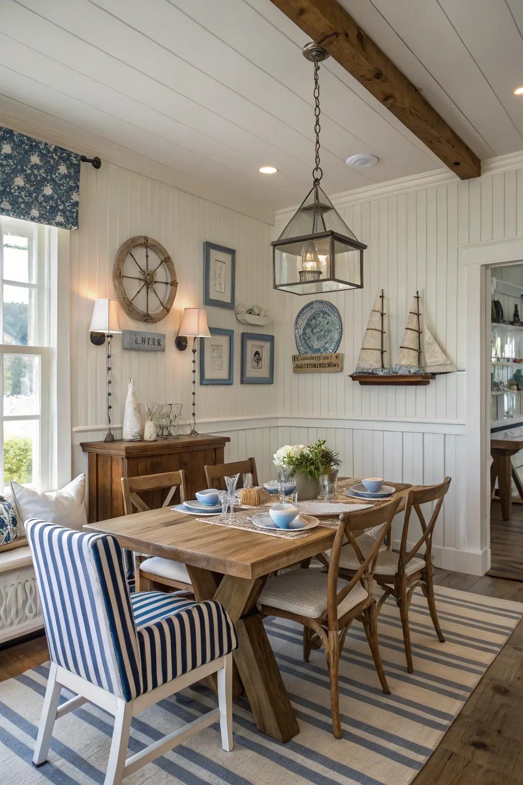 Coastal beadboard paneling exudes a relaxed, beachy vibe.