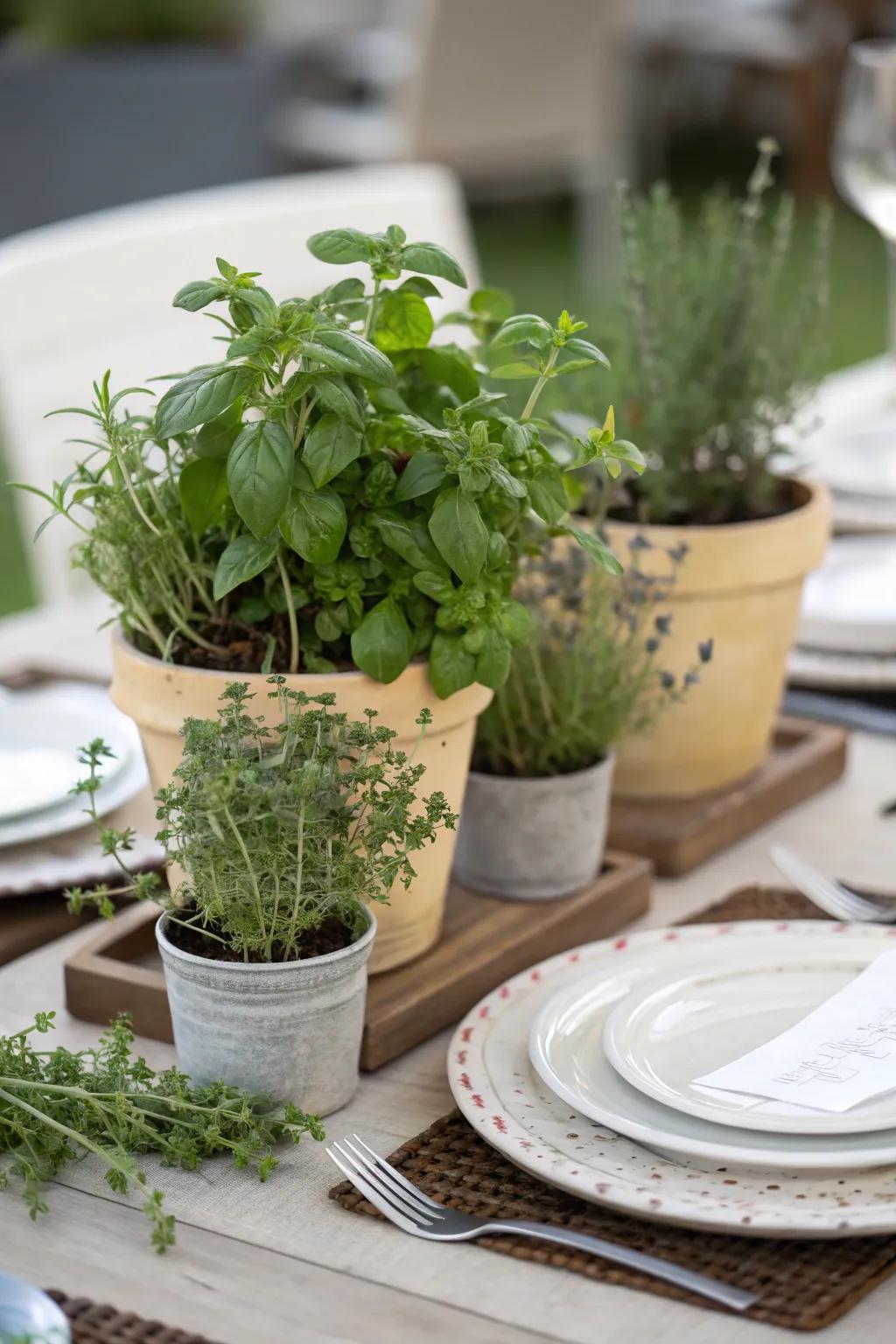 A fresh and aromatic centerpiece featuring small potted herbs like basil and thyme.