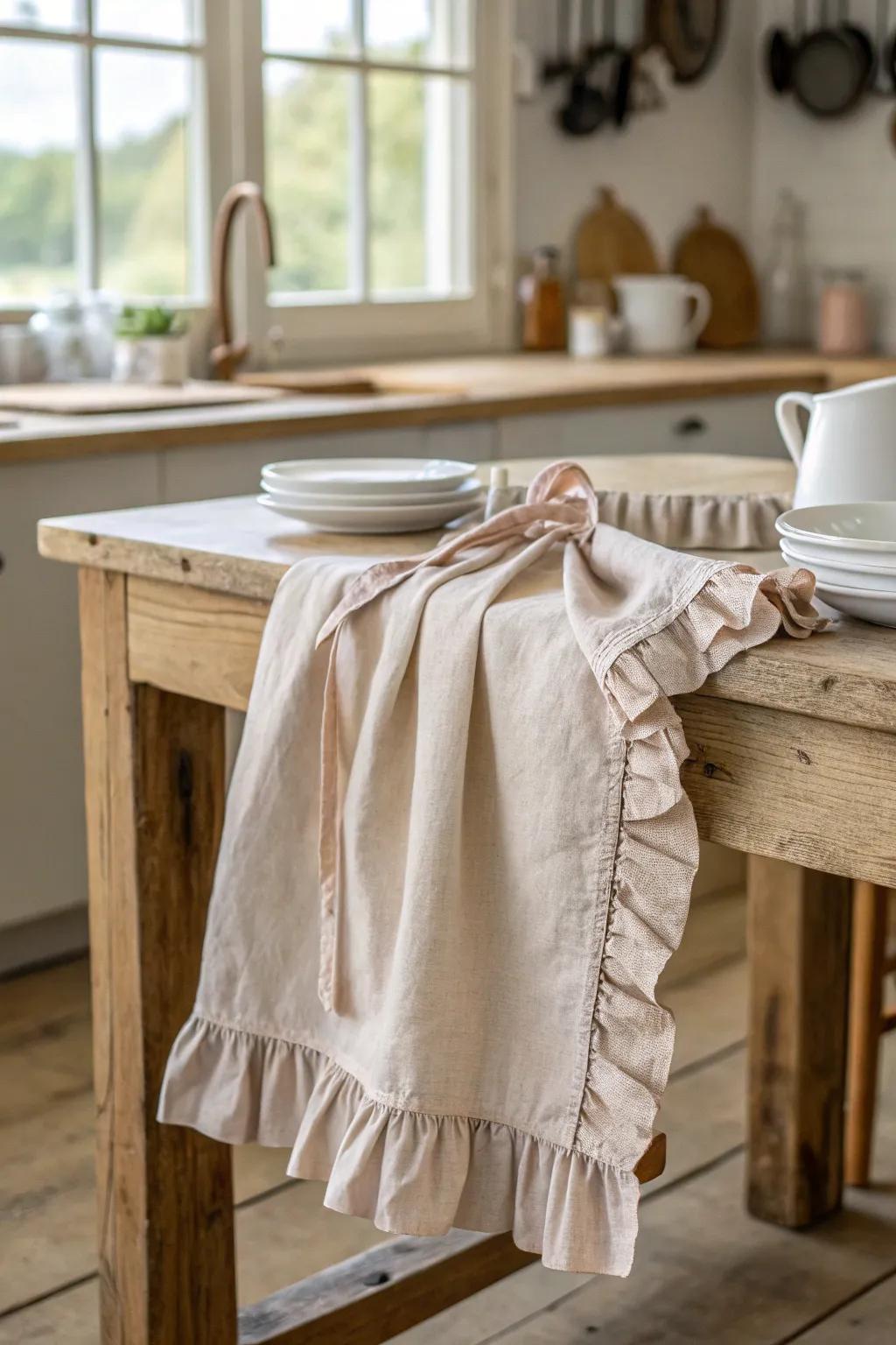 Add a touch of elegance to your kitchen with this charming ruffled half apron.