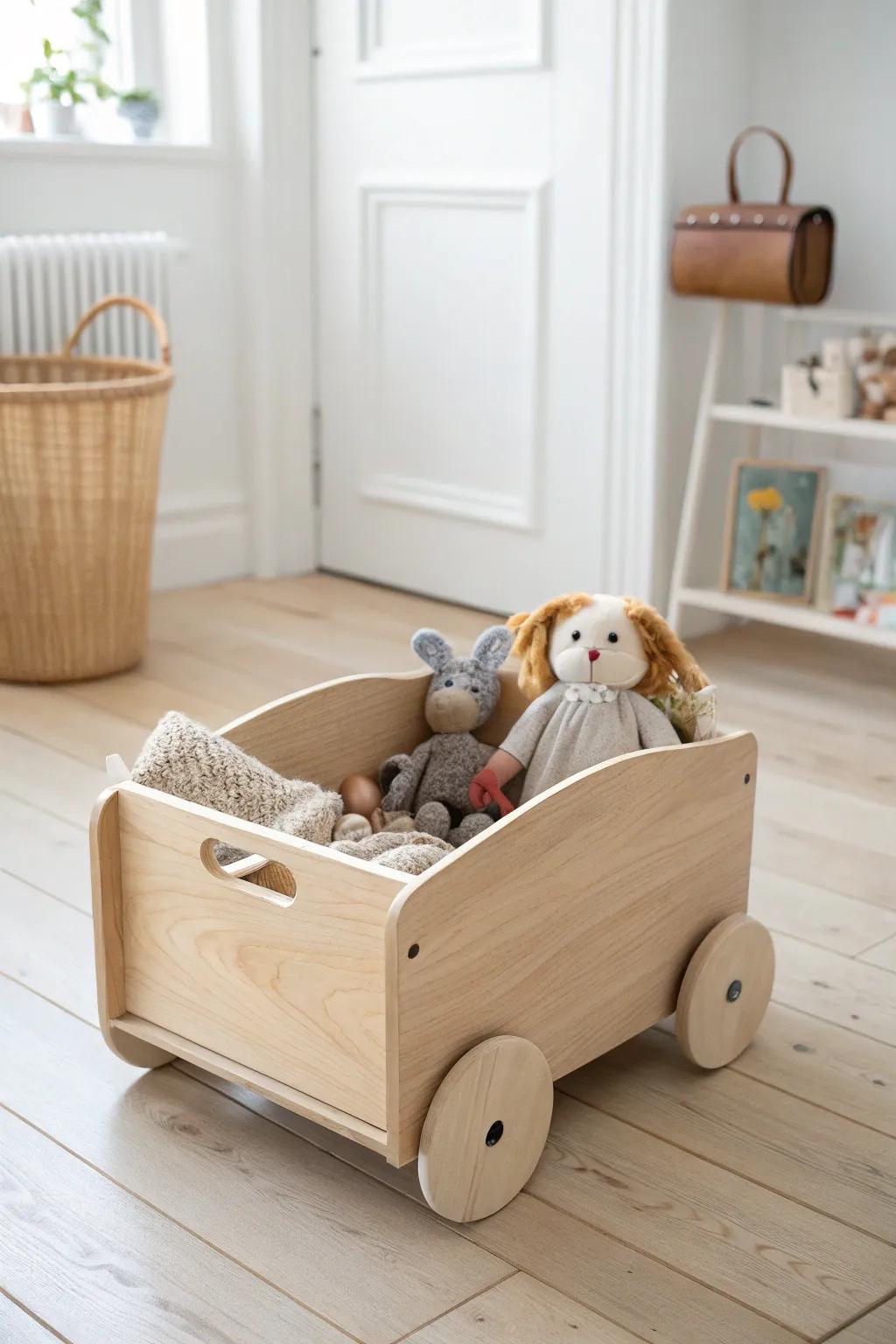 Roll into playtime with style! This Scandinavian-inspired toy caddy on wheels is perfect for your little one's doll adventures.