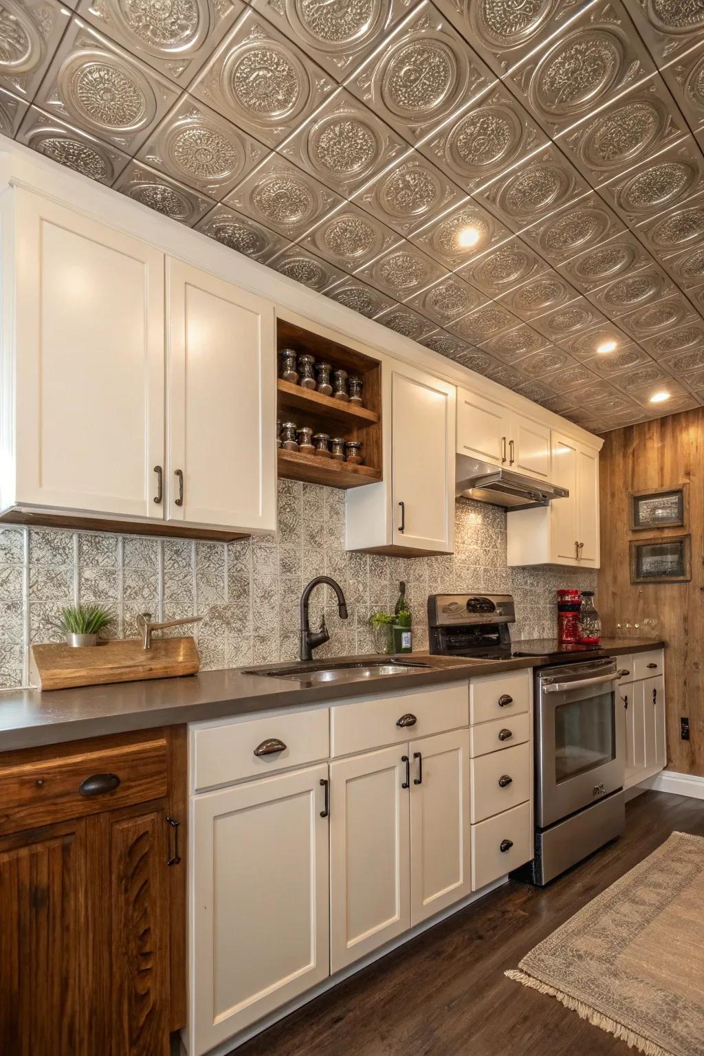 Tin ceiling tiles add a vintage touch to your kitchen.