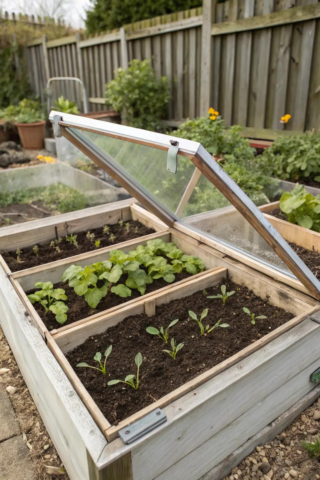 Cold frames provide a warm microclimate for early or late-season gardening.