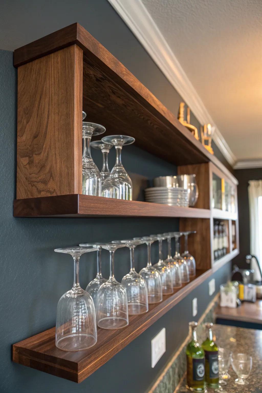 Elevate your home bar with the elegance of floating shelves for a modern touch.