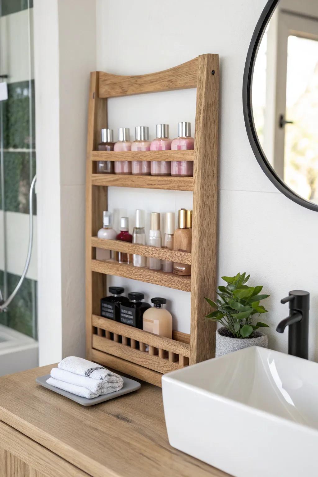 Transform your bathroom with minimalist elegance: a spice rack repurposed for beauty essentials.