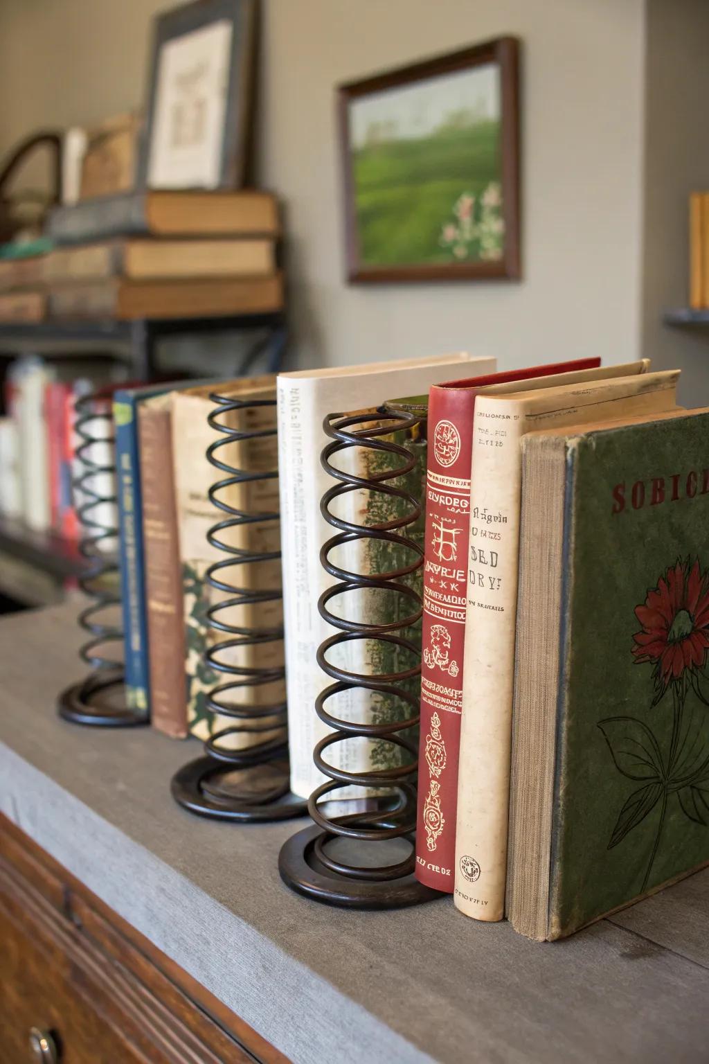 Industrial-chic bookends crafted from repurposed bed springs.