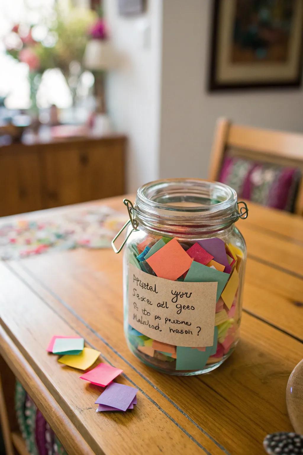 A memory jar filled with notes of love and appreciation.