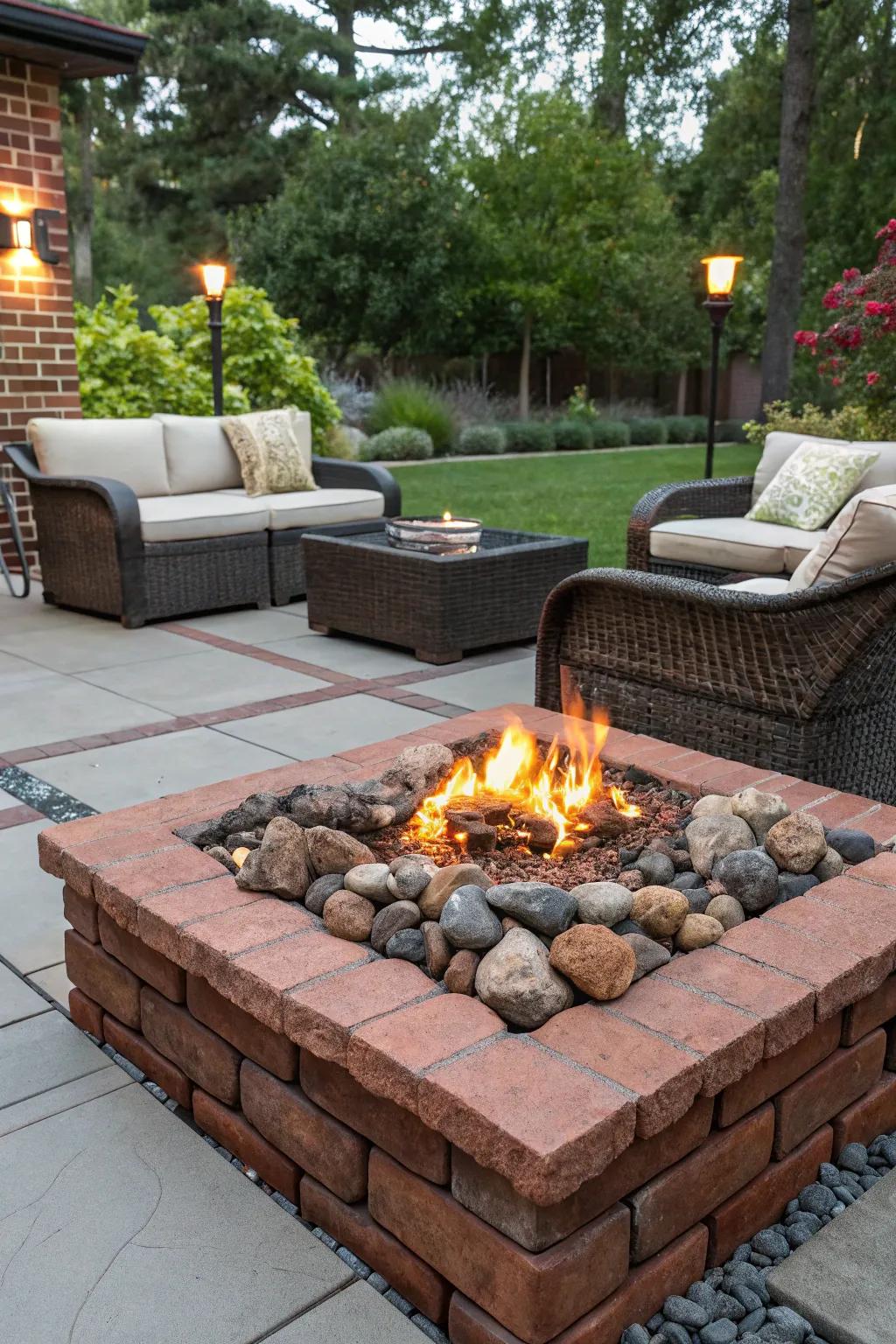 Lava rocks and decorative stones elevate this fire pit's aesthetic.