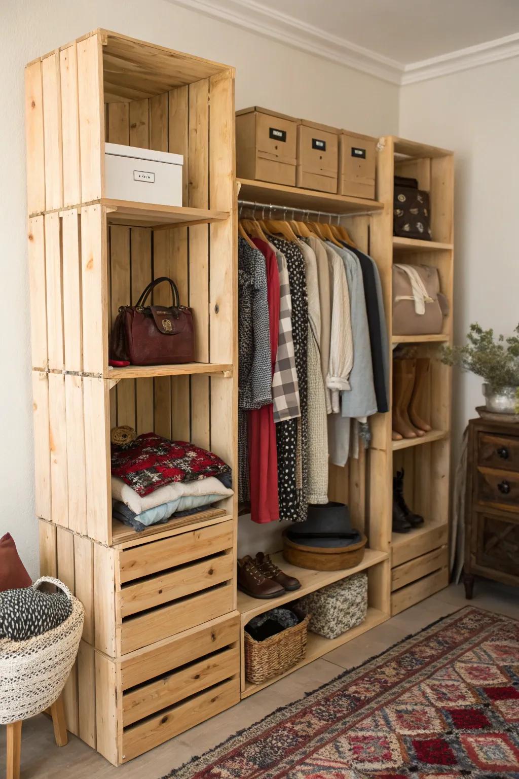 Wooden crates provide a cost-effective and customizable storage solution.