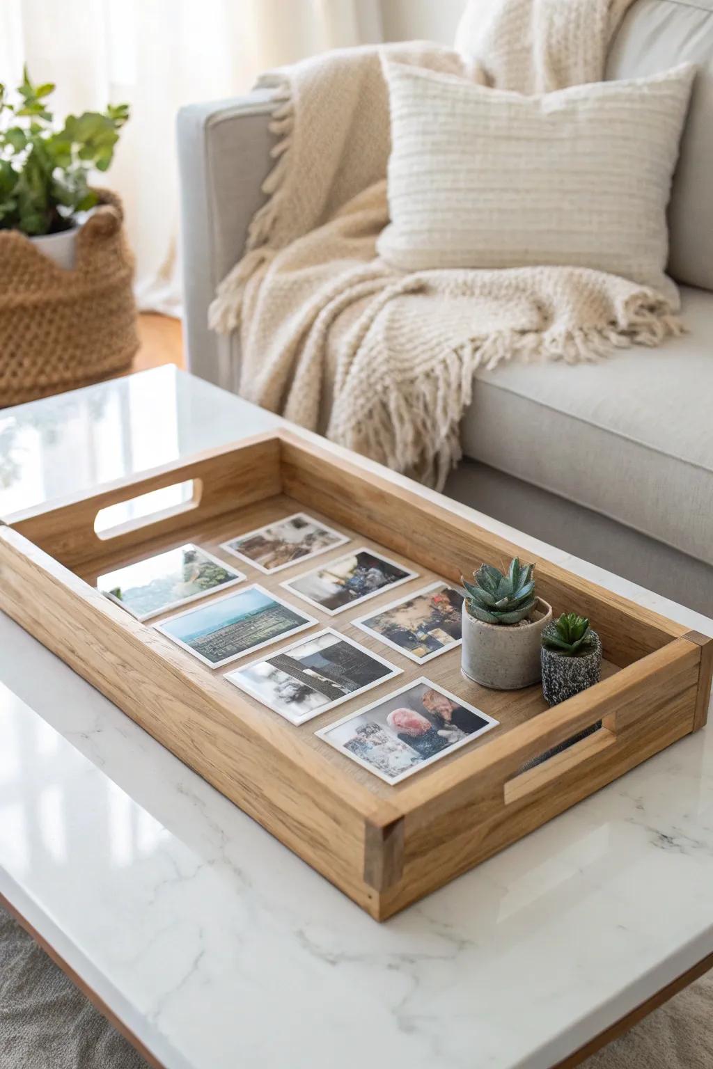 Transform your living space with a personal touch: a DIY photo display tray that tells your family's story.
