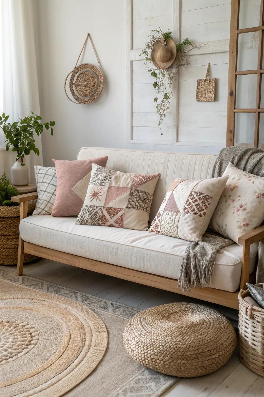 Transform your couch into a playful masterpiece with a patchwork of pillowcases, blending Scandinavian simplicity with Boho charm.