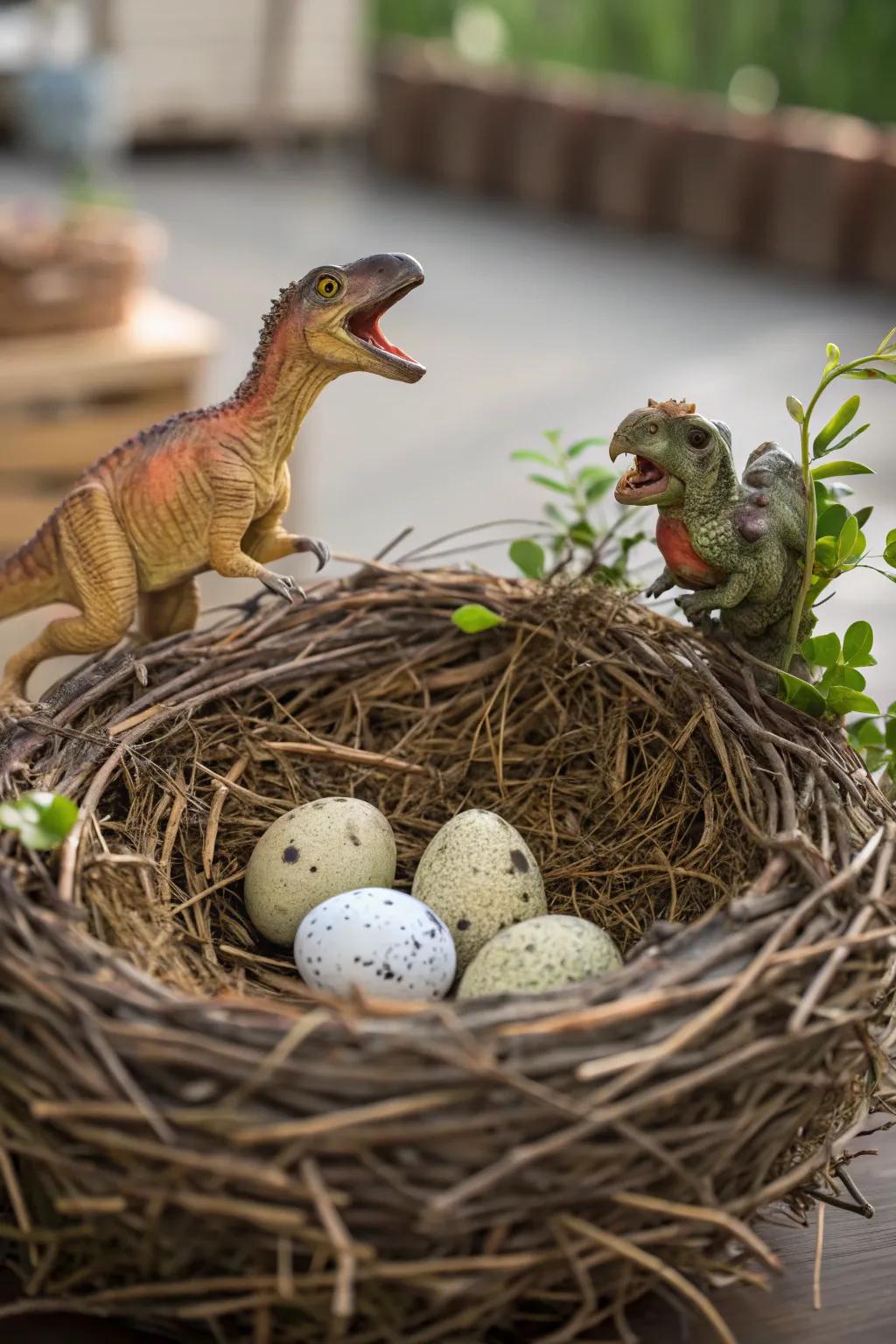 Create a rustic atmosphere with a dinosaur nest centerpiece.