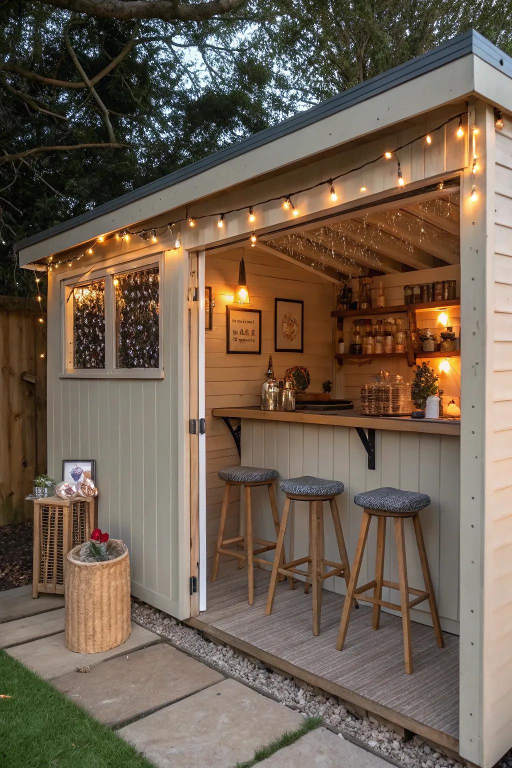 A garden shed corner becomes a charming bar with stools and fairy lights for magical evenings.