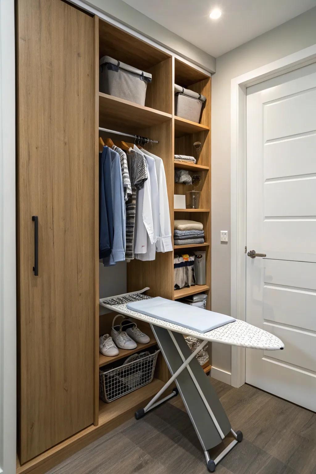 A fold-down ironing board is a practical addition to a small closet.