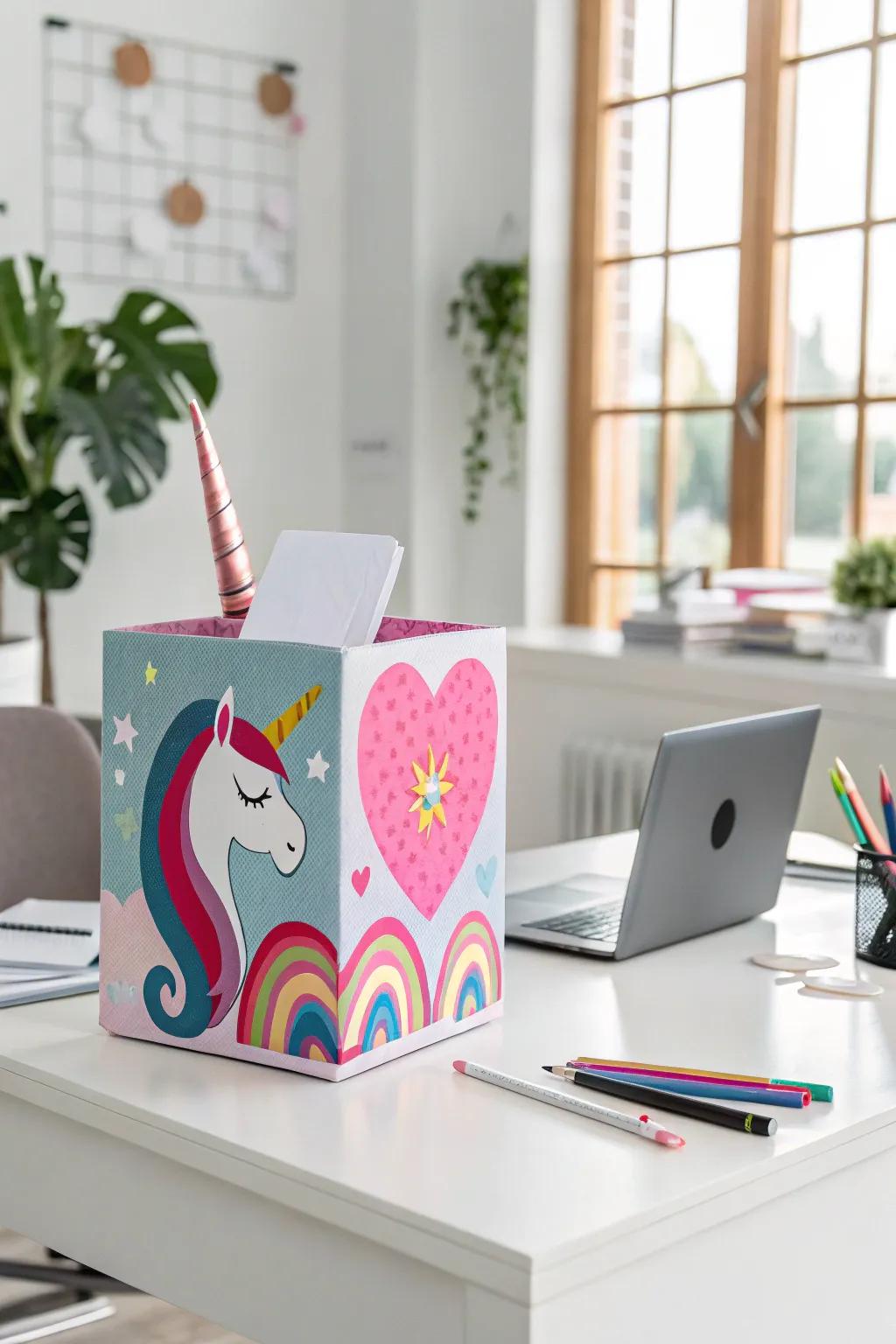 A holographic horn adds a magical touch to this unicorn box.