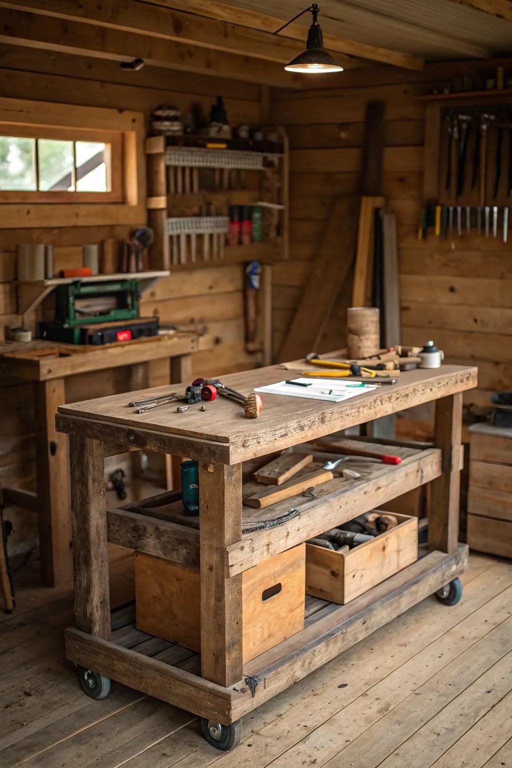 Bring rustic charm to your workspace with a reclaimed wood workbench.